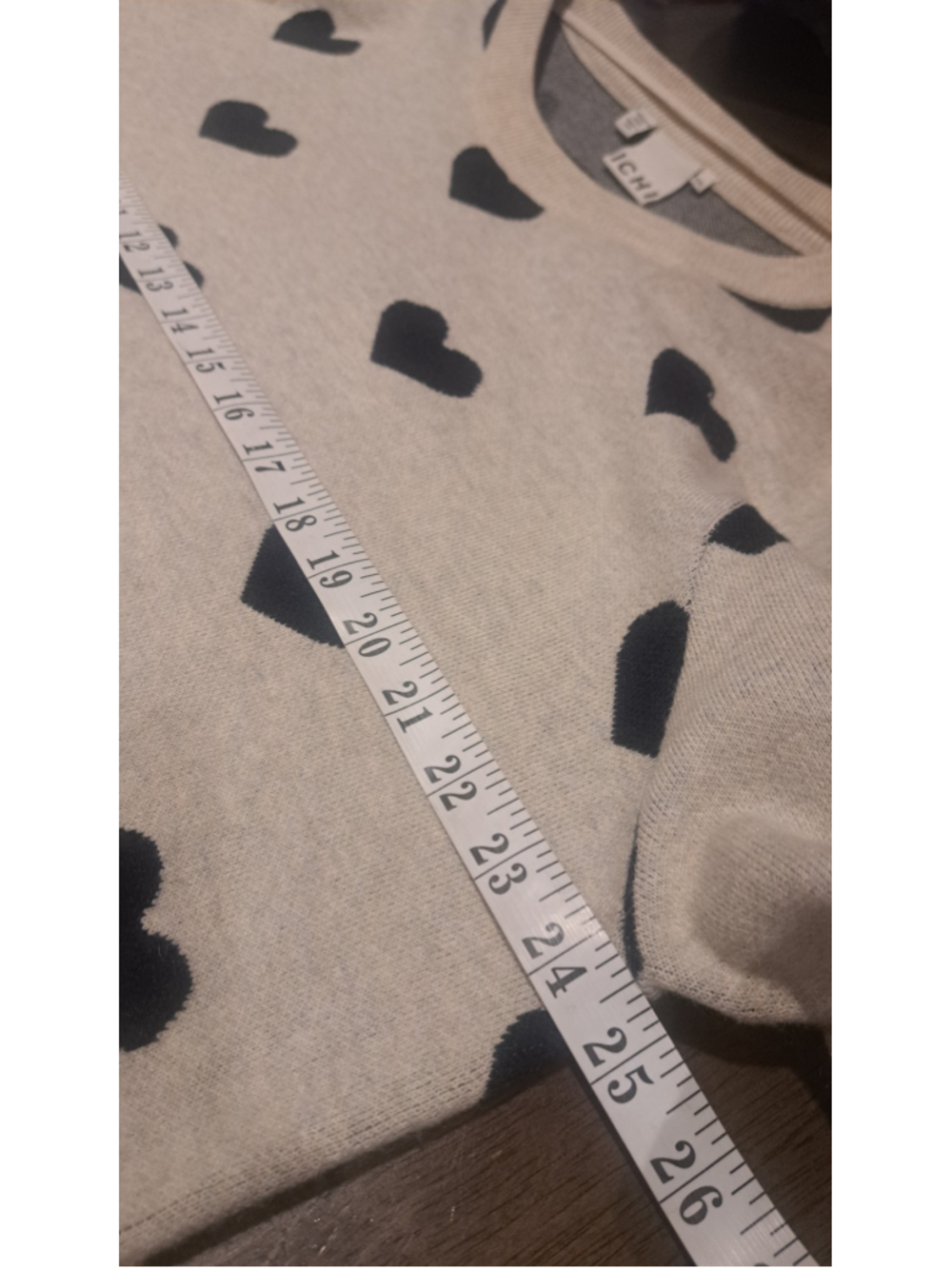 792 - Women's ICHI Heart Print Crew Neck Sweater Beige Black XXL - Picture 8 of 9